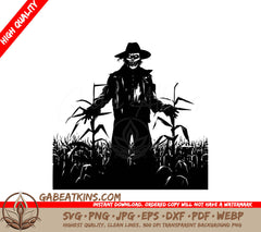 A Black And White Drawing Of A Scarecrow In A Field