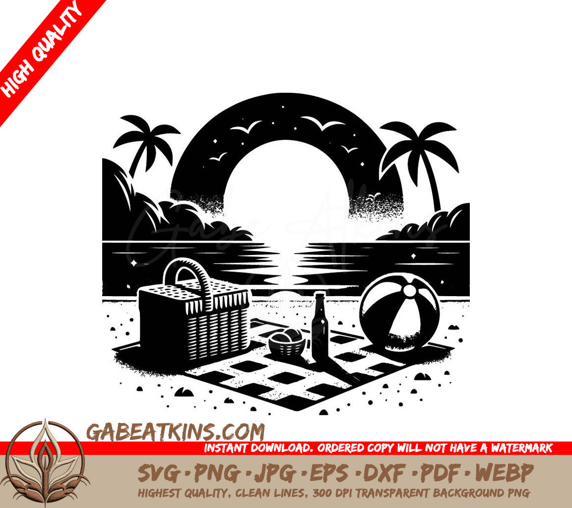 A Black And White Illustration Of A Picnic On The Beach SVG - Seaside Picnic SVG