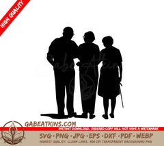 A Silhouette Of Three People Standing Next To Each Other SVG - Senior Citizens Together SVG