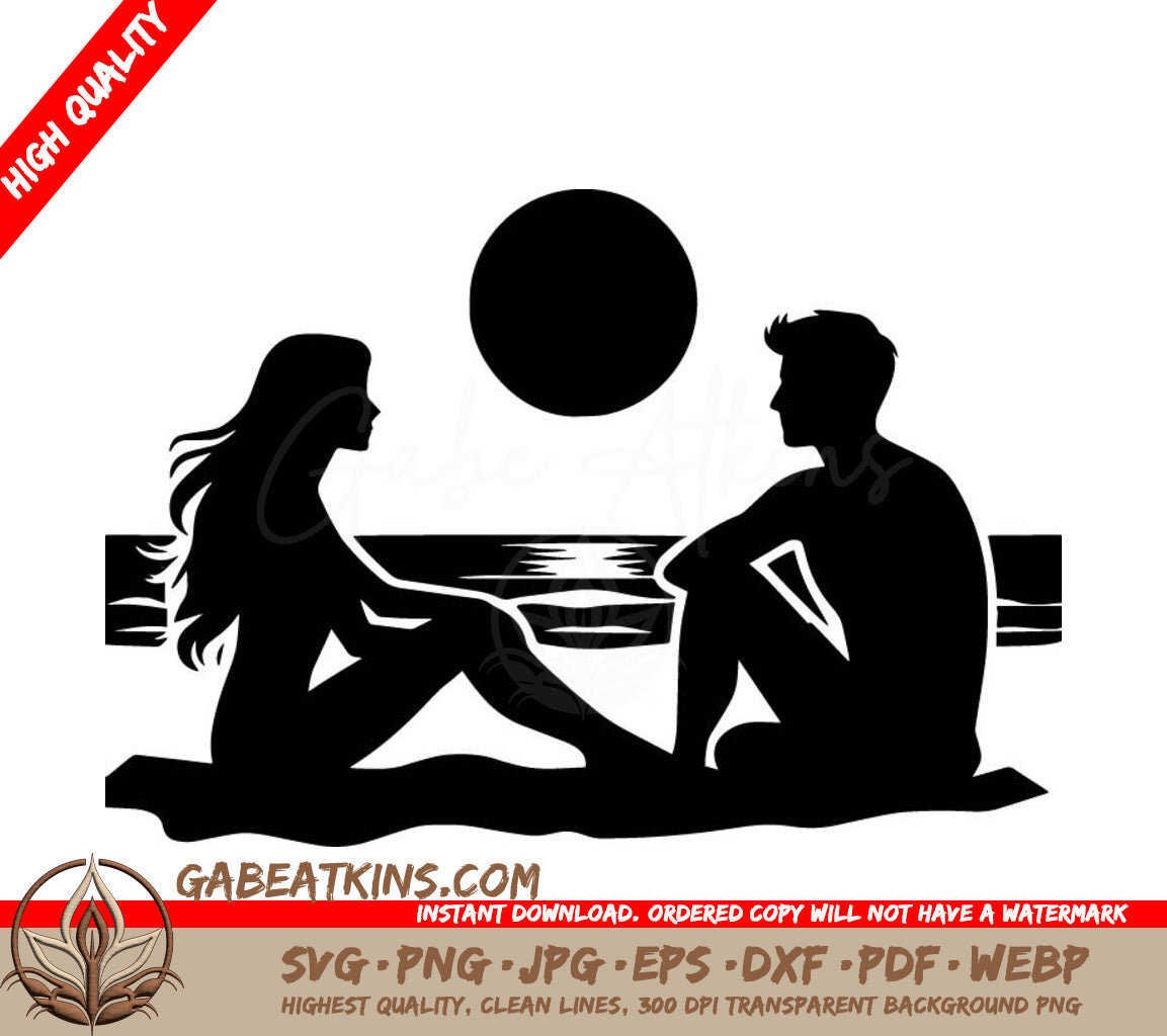 A Man And A Woman Are Sitting On The Beach Looking At Each Other SVG - Serene Reflections SVG