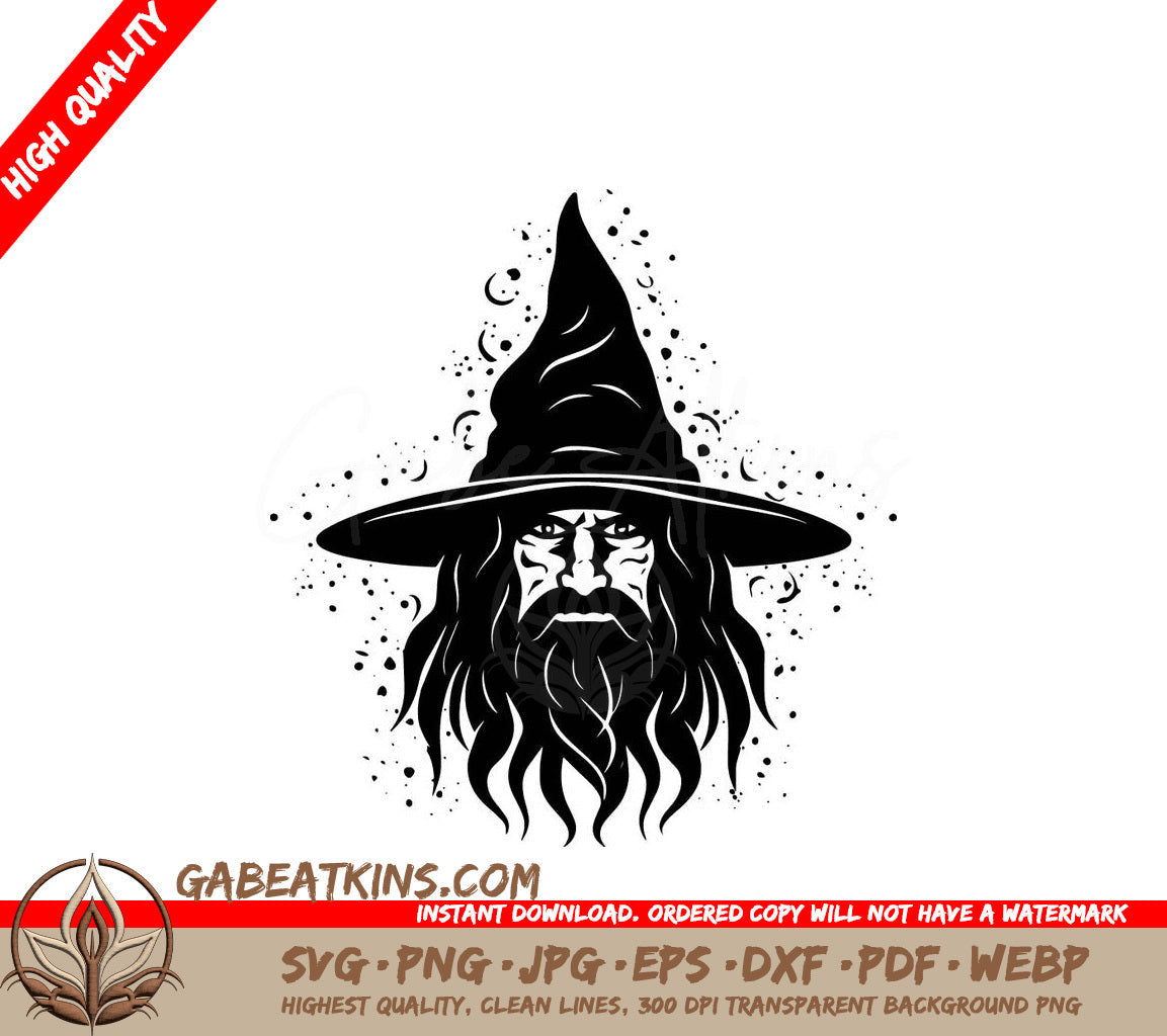 A Black And White Drawing Of A Wizard With Long Hair And A Beard