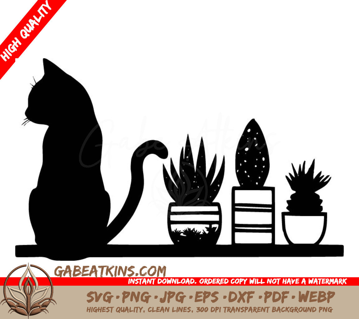 A Silhouette Of A Cat Sitting Next To Potted Plants On A Shelf . SVG - Silhouette of Cat on Shelf with Plants SVG