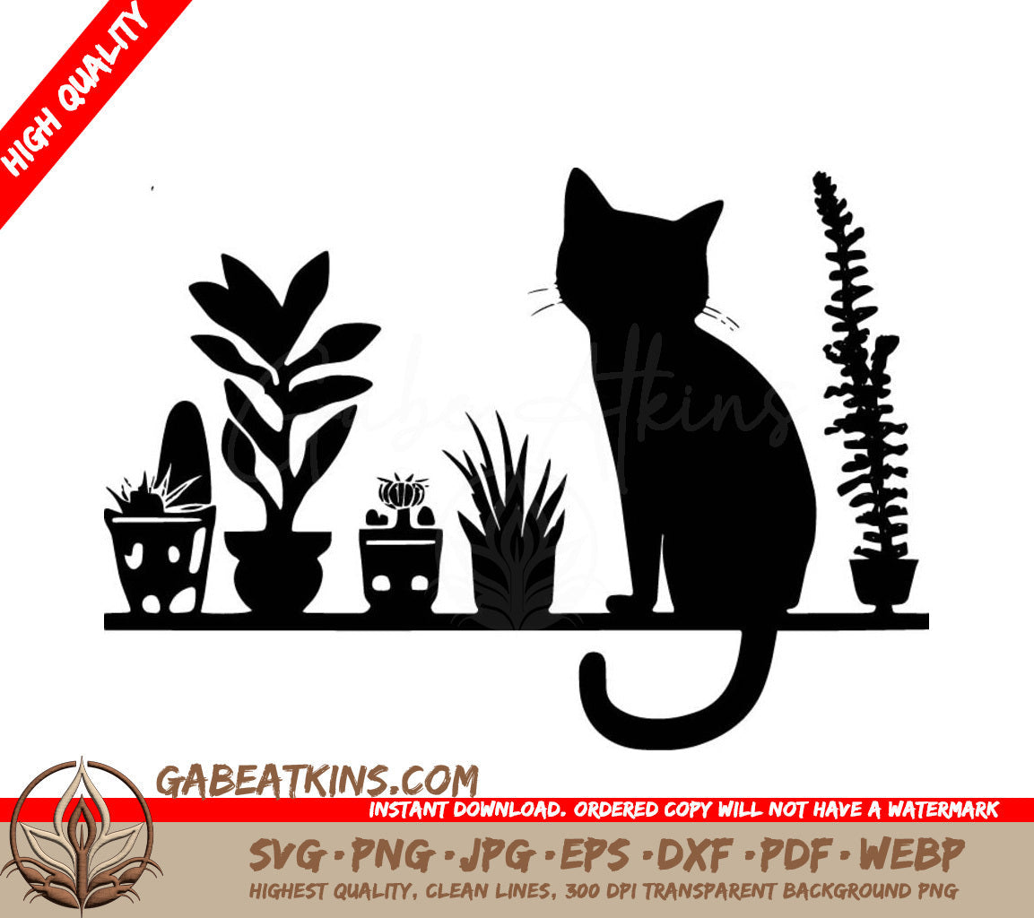 A Black Cat Sits On A Shelf Surrounded By Potted Plants SVG - Silhouette of Cat on Shelf with Plants Simple SVG