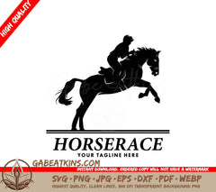 A Silhouette Of A Person Riding A Horse With The Words Horserace Below It SVG - Silhouette of racing horse with jockey SVG