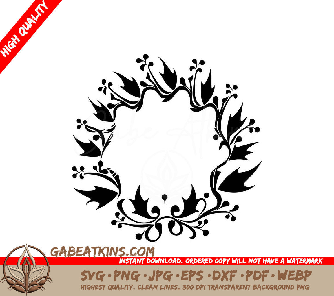 A Black And White Floral Frame With Leaves And Berries SVG - Simple Holly Bell SVG