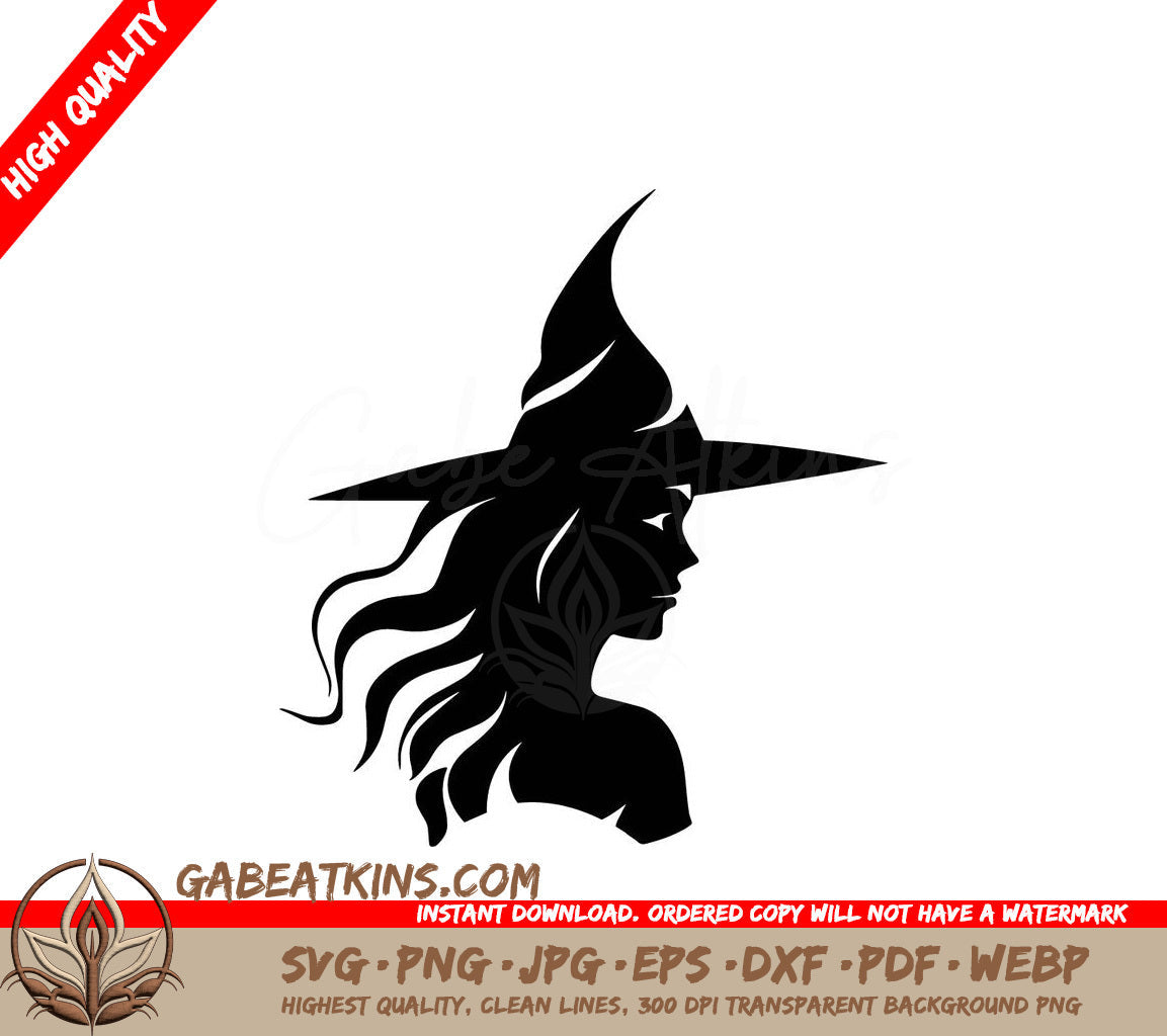 A Black And White Silhouette Of A Woman Wearing A Witch Hat