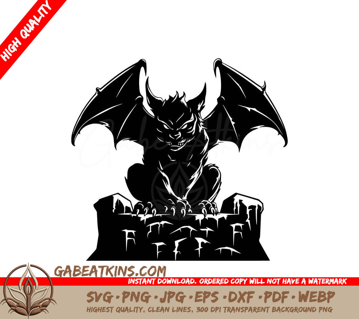 A Black And White Drawing Of A Gargoyle Sitting On Top Of A Grave