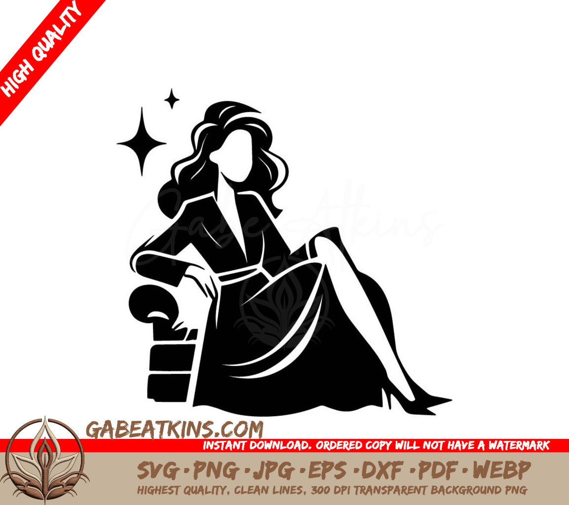  Woman Silhouette with Gift Box SVG - Long Hair Sitting Pose SVG