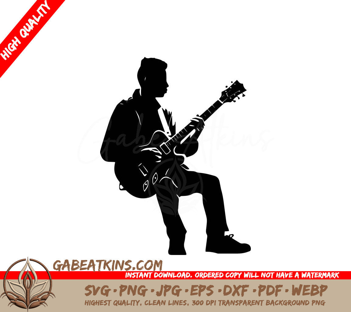 A Silhouette Of A Man Playing An Electric Guitar SVG - Sitting Playing Guitar SVG