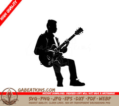 A Silhouette Of A Man Playing An Electric Guitar SVG - Sitting Playing Guitar SVG