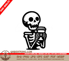 A Black And White Drawing Of A Skeleton Holding A Cup Of Coffee