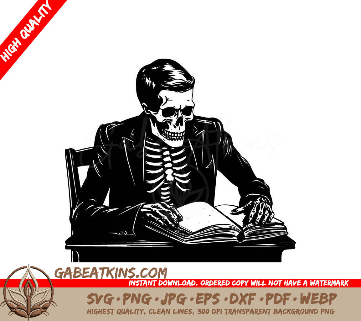 A Black And White Drawing Of A Skeleton Reading A Book