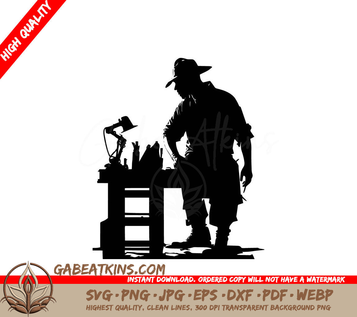 A Silhouette Of A Man In A Cowboy Hat Leaning On A Table SVG - Skillful Carpenter SVG