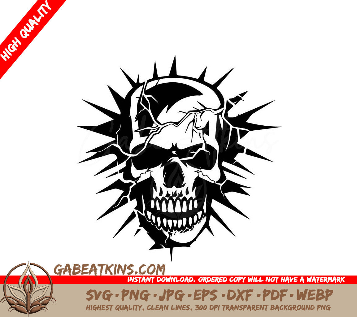 Spiked Skull with Cracks SVG -  Drawing SVG