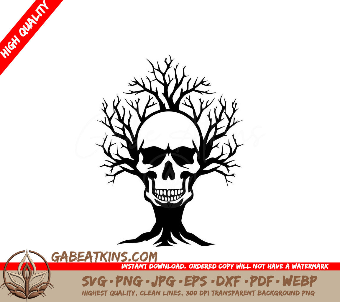 A Black And White Drawing Of A Tree With A Skull In The Middle