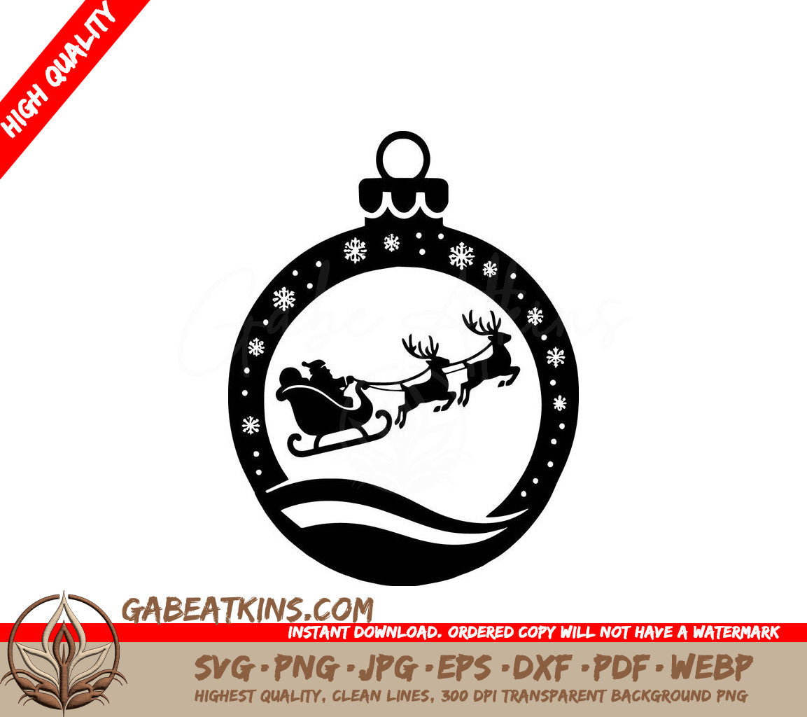 A Black And White Christmas Ornament With Santa In A Sleigh Pulled By Reindeer SVG - Sleigh Ride Ornament SVG