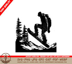 Snowboard On A Mountain Digital Design File (SVG, PNG, JPG, AI, PDF, DXF, EPS, WebP) 
