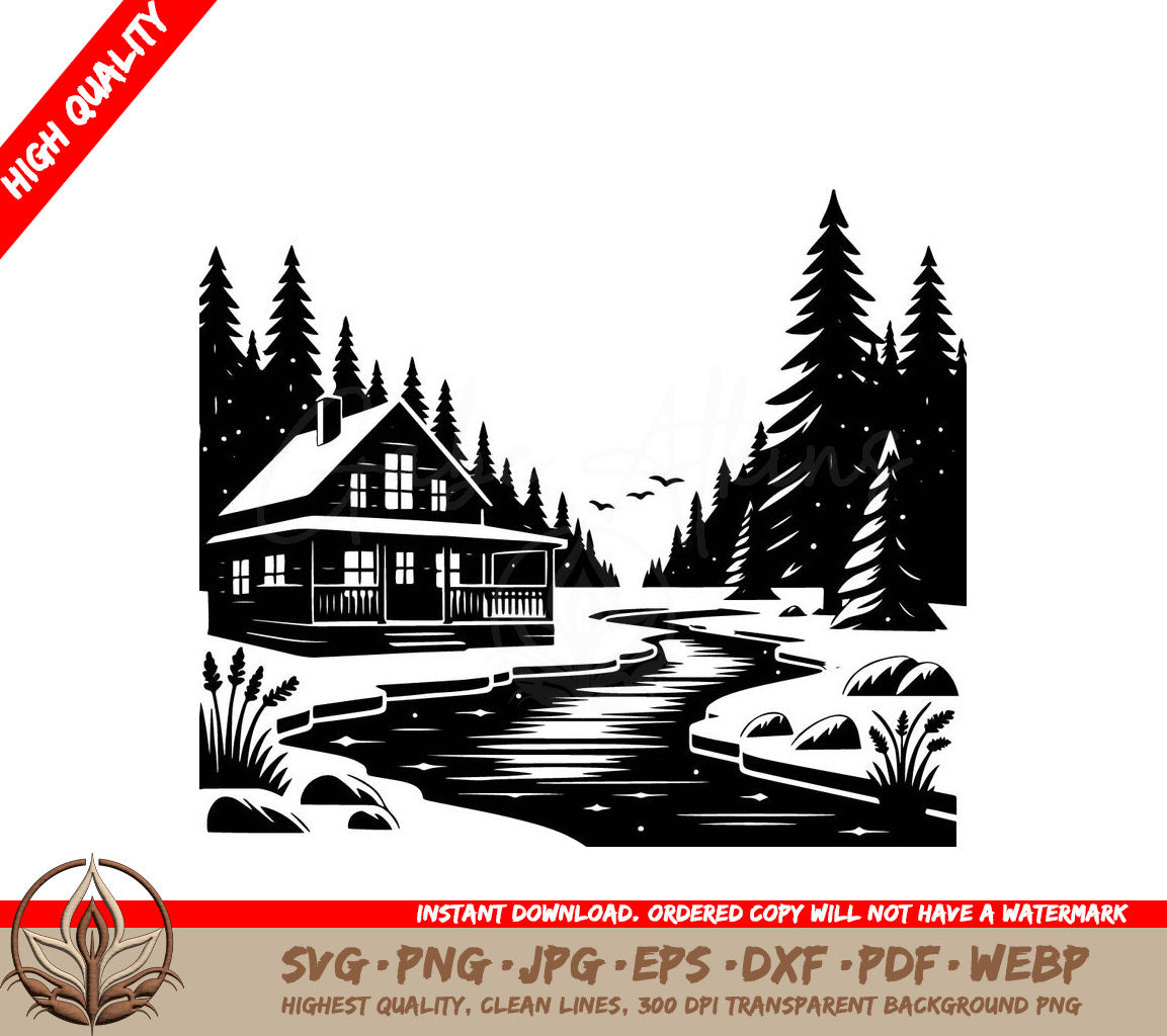 Snowy Cabin Adventure: Digital Design Cut File (SVG, PNG, JPG, AI, PDF, DXF, EPS, WebP) 
