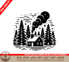 Snowy Cabin Hideout Digital Design Cut File in SVG, PNG, JPG, AI, PDF, DXF, EPS and WebP Formats 
