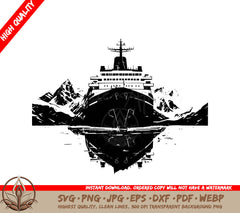 Snowy Cruise Ship Digital Design Cut File in SVG, PNG, JPG, AI, PDF, DXF, EPS and WebP Formats 
