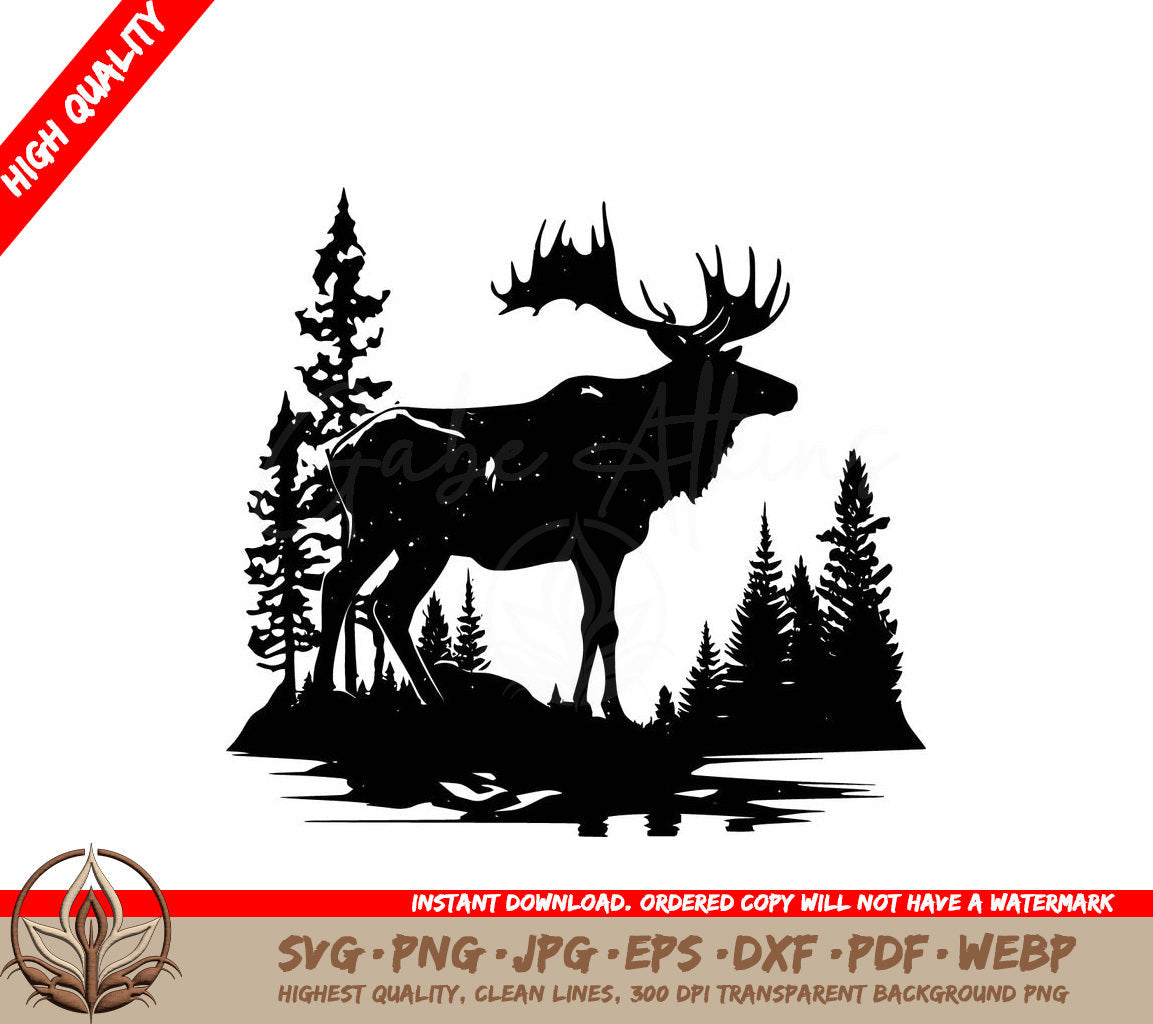 Snowy Elk in Forest Digital Design File for Cricut, Silhouette and More (SVG, PNG, JPG, AI, PDF, DXF, EPS and WebP) 
