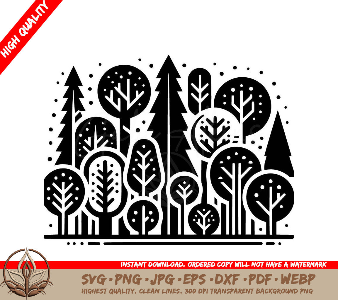 Snowy Forest Trees Digital Design File in Multiple Formats (SVG, PNG, JPG, AI, PDF, DXF, EPS, WebP) 
