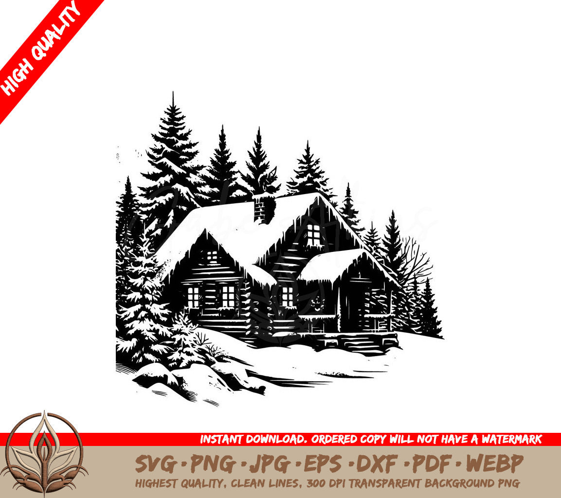 Snowy Winter Cabin Digital Design Cut File in SVG, PNG, JPG, AI, PDF, DXF, EPS and WebP Formats 
