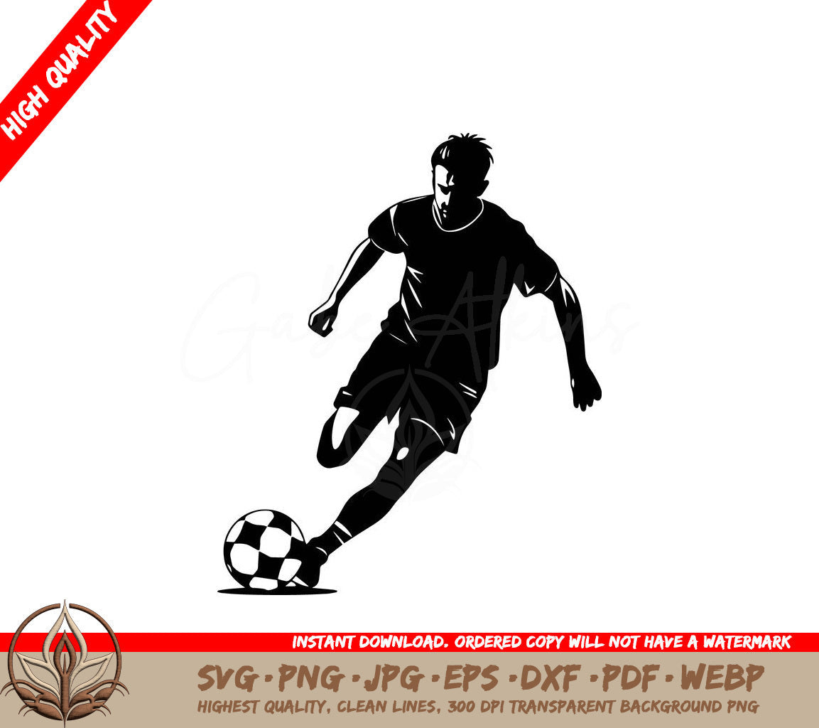 Soccer Player Kick Digital Design Cut File in SVG, PNG, JPG, AI, PDF, DXF, EPS and WebP Formats 
