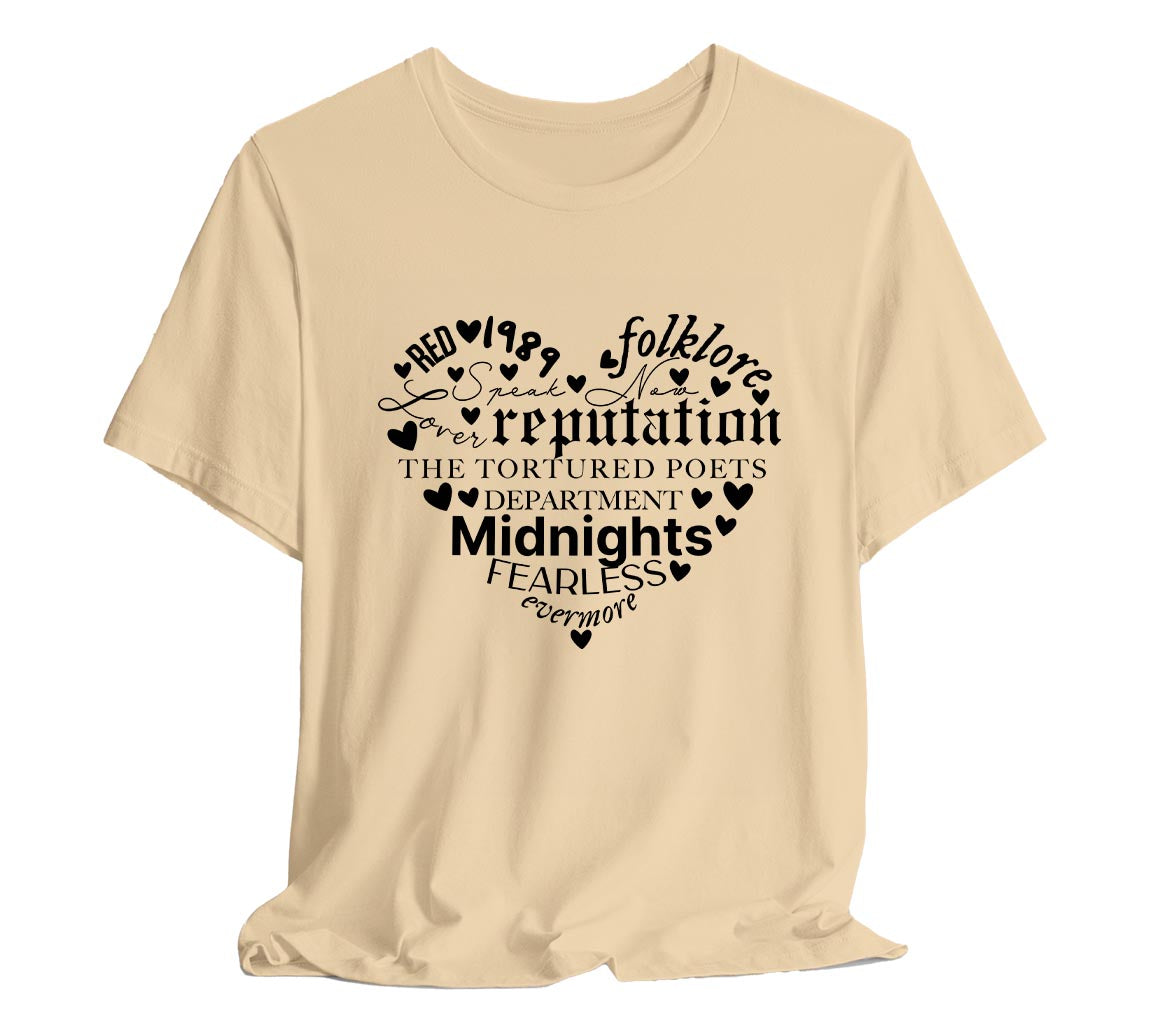 Taylor Swift Heart Shaped Album Names T-Shirt | Taylor Swift Inspired T-Shirt Listing All of her Albums (Pre TTPD) in a Heart Shape, Taylor Swift T-Shirt, Taylor Swift Merch, Swiftie Merch, All Albums Tee, Discography Shirt, Heart Shirt, Concert Tee, Bella Canvas 3001 t-shirt