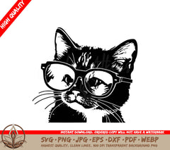 Sophisticated Kitty Cat with Glasses: Digital Design File (SVG, PNG, JPG, AI, PDF, DXF, EPS, WebP) 
