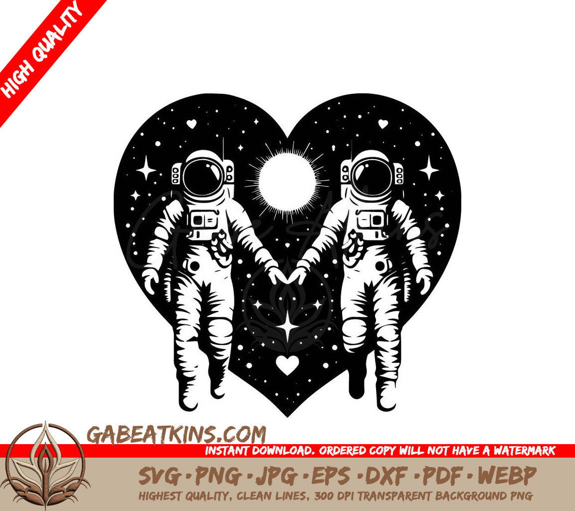 A Couple Of Astronauts Holding Hands In Front Of A Heart SVG - Space Love Bond SVG