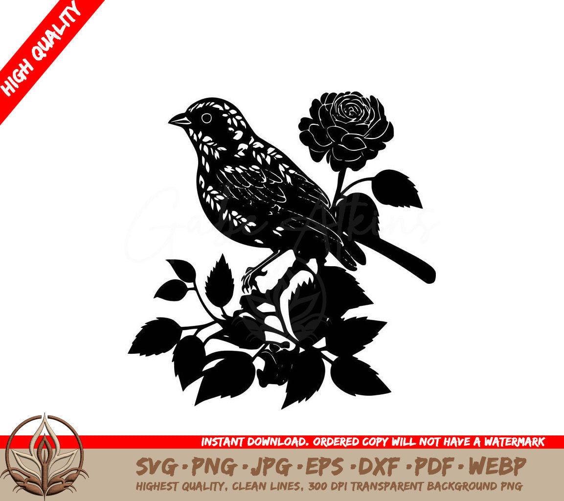 Sparrow On A Rose Bush Digital Design in SVG, PNG, JPG, AI, PDF, DXF, EPS and WebP Formats 
