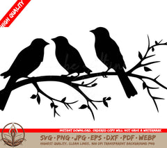 Sparrows on Branch Digital Design File (SVG, PNG, JPG, AI, PDF, DXF, EPS, WebP) 
