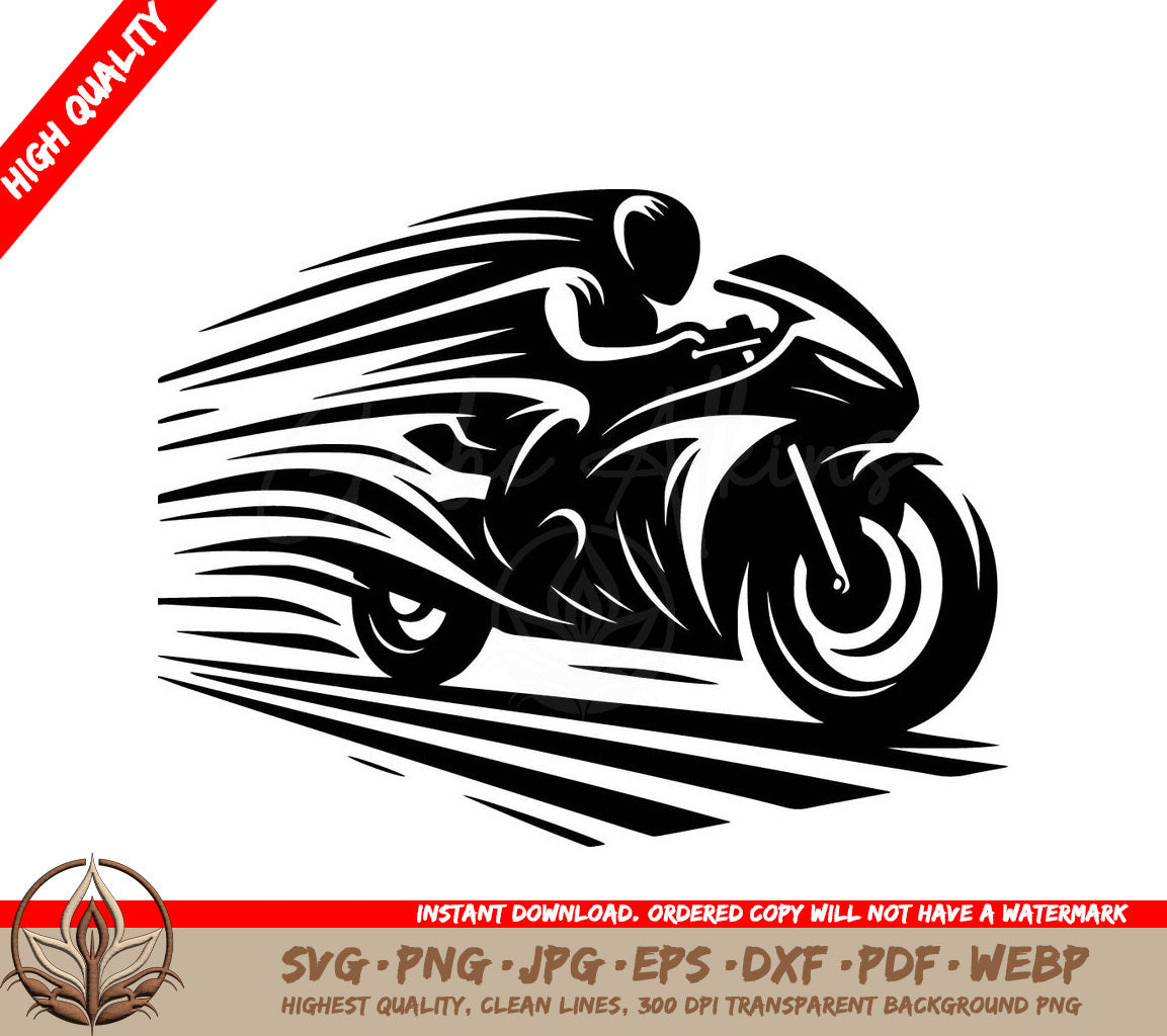 Speeding Motorcycle Digital Design File (SVG, PNG, JPG, AI, PDF, DXF, EPS, WebP) 
