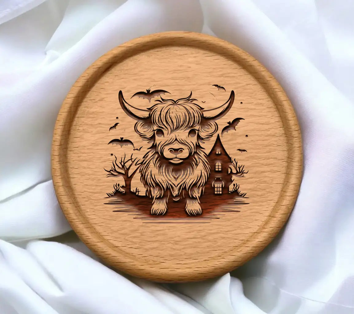 Spooky Highland Cow & Bats Halloween SVG -  Drawing SVG