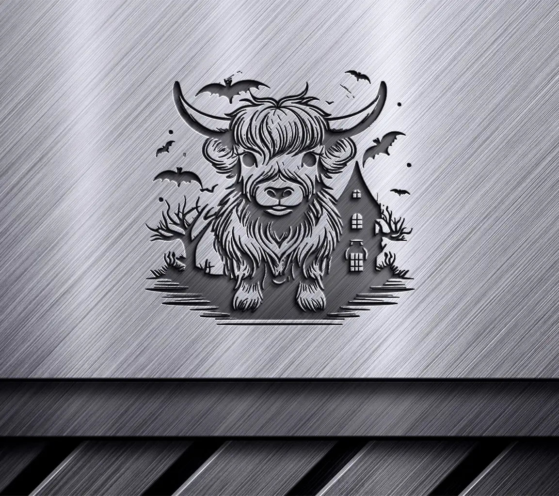 Spooky Highland Cow & Bats Halloween SVG -  Drawing SVG