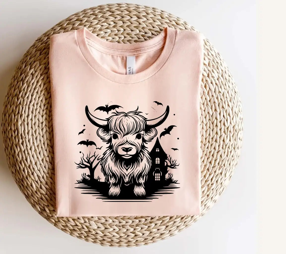 Spooky Highland Cow & Bats Halloween SVG -  Drawing SVG