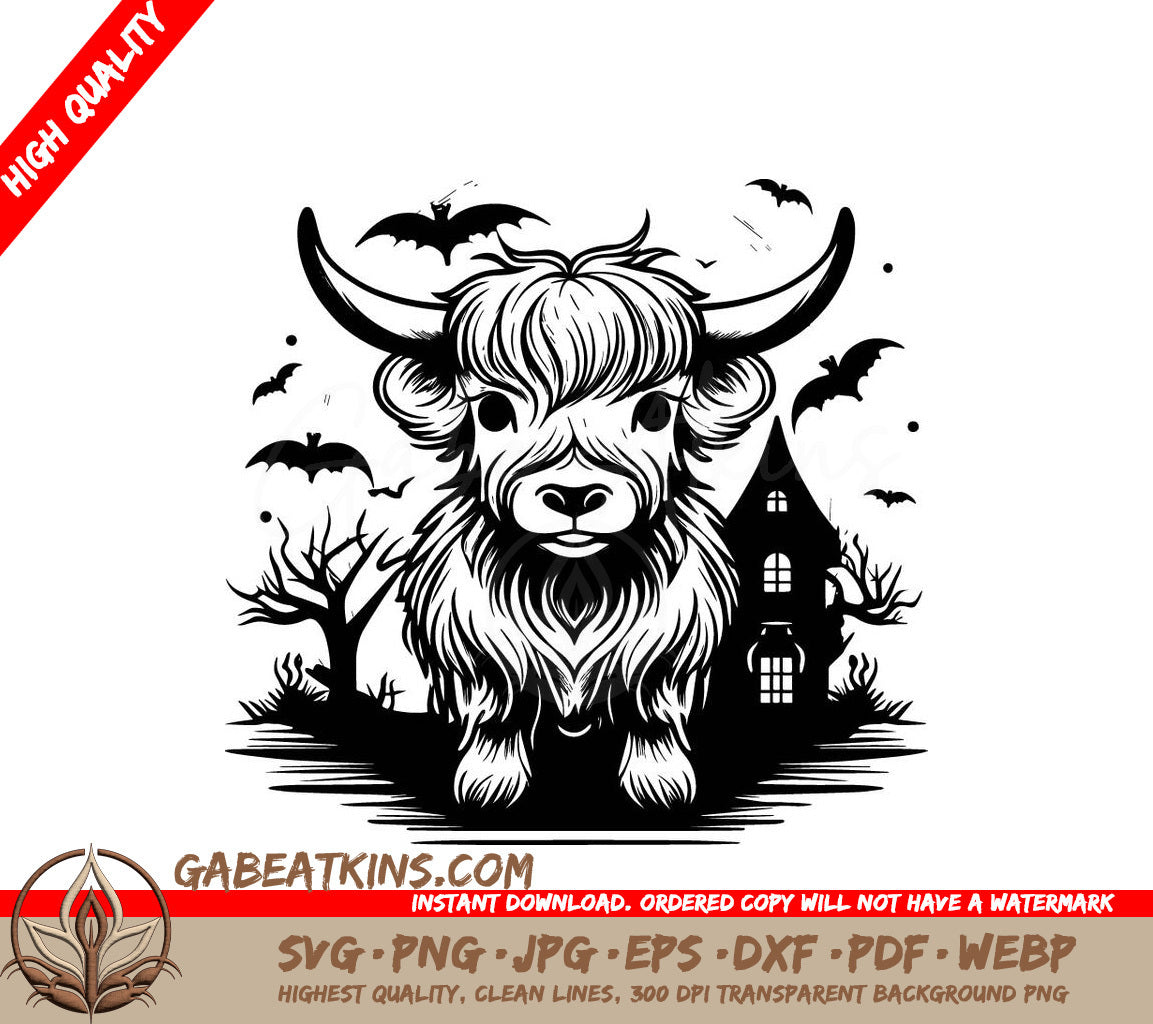 Spooky Highland Cow & Bats Halloween SVG -  Drawing SVG