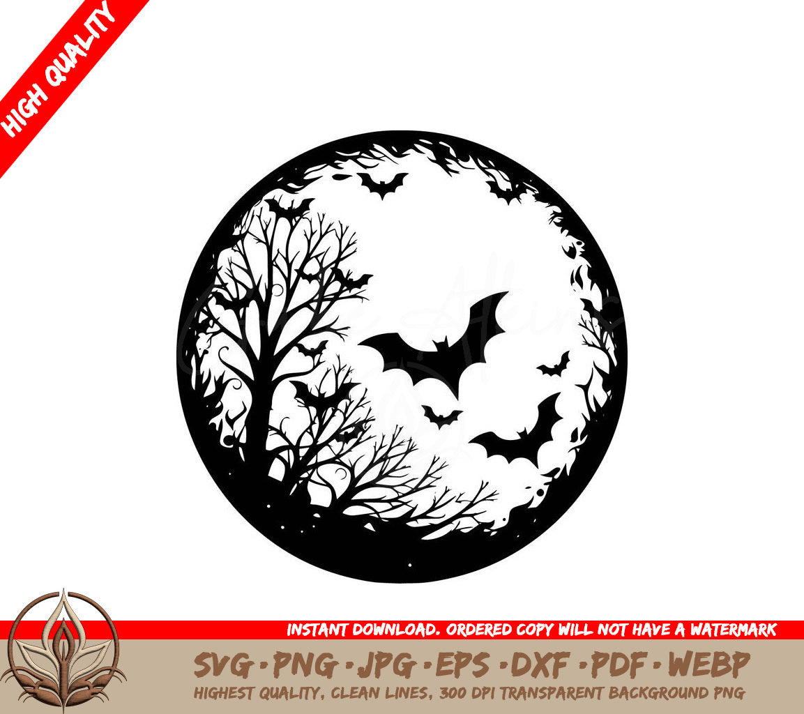 Spooky Bat Moon Digital Design File (SVG, PNG, JPG, AI, PDF, DXF, EPS, WebP) 
