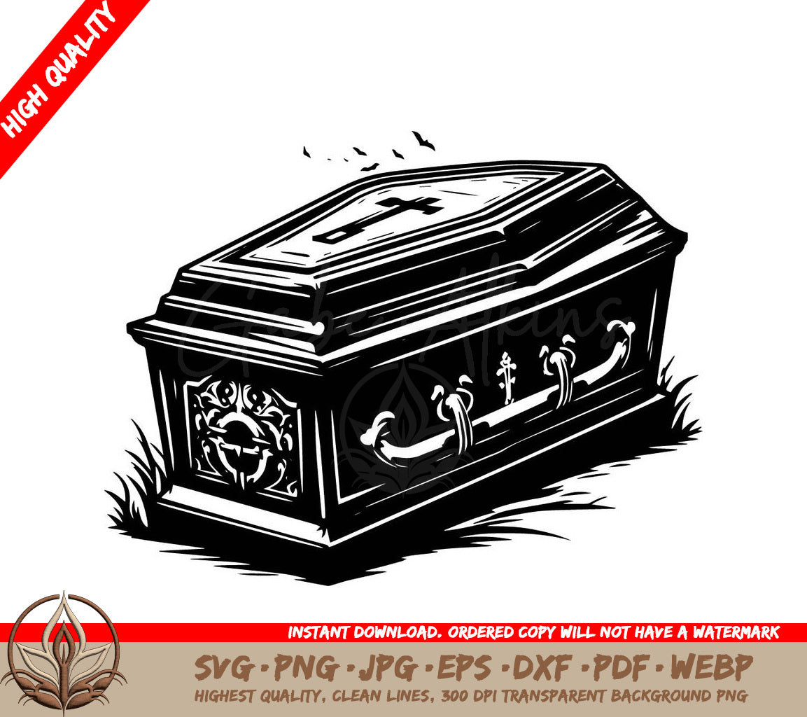 Spooky Coffin Digital Design - SVG, PNG, JPG, AI, PDF, DXF, EPS and WebP File Formats 
