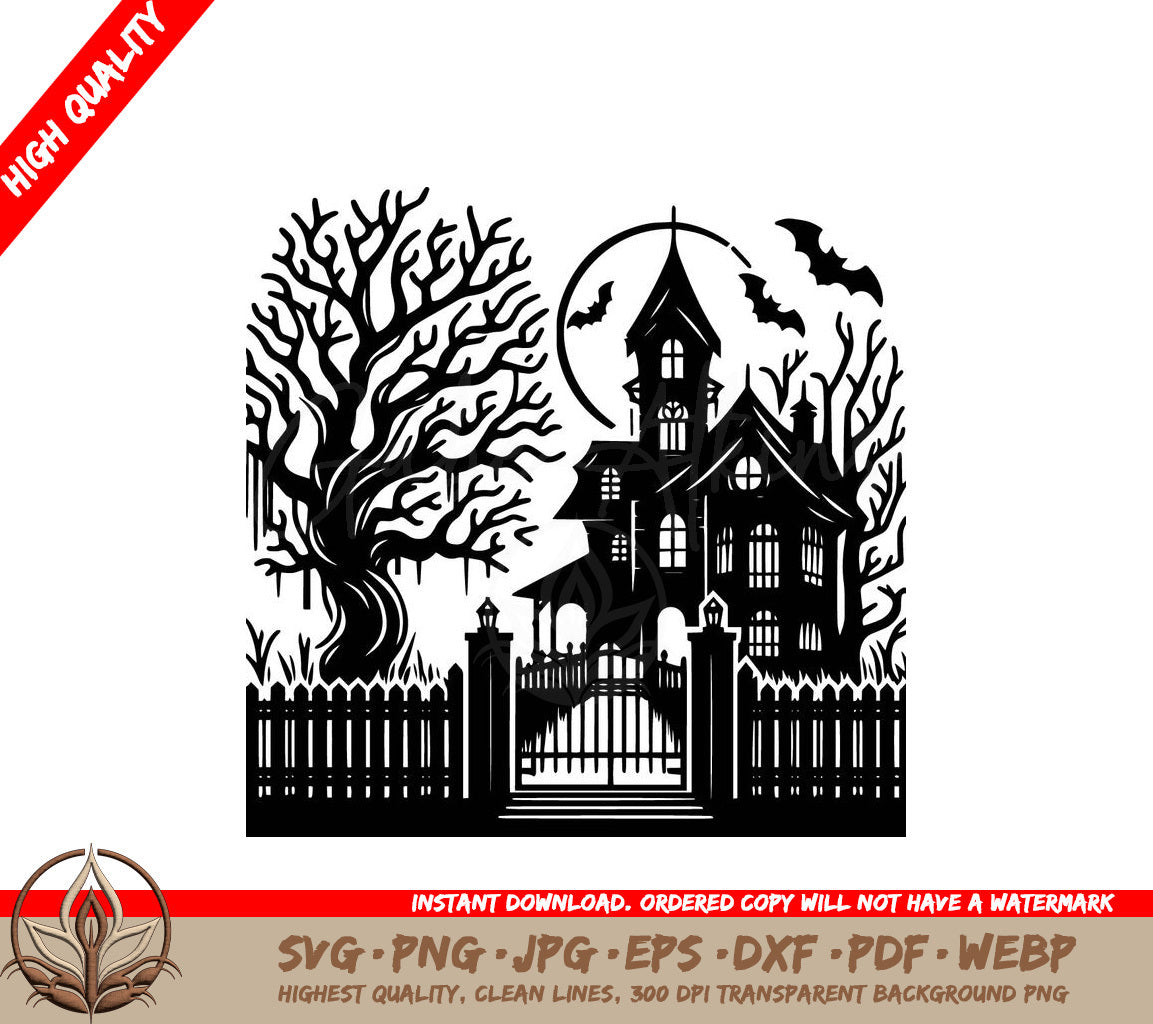 Spooky Mansion Digital Design File for Cutting and Printing in SVG, PNG, JPG, AI, PDF, DXF, EPS and WebP Formats 
