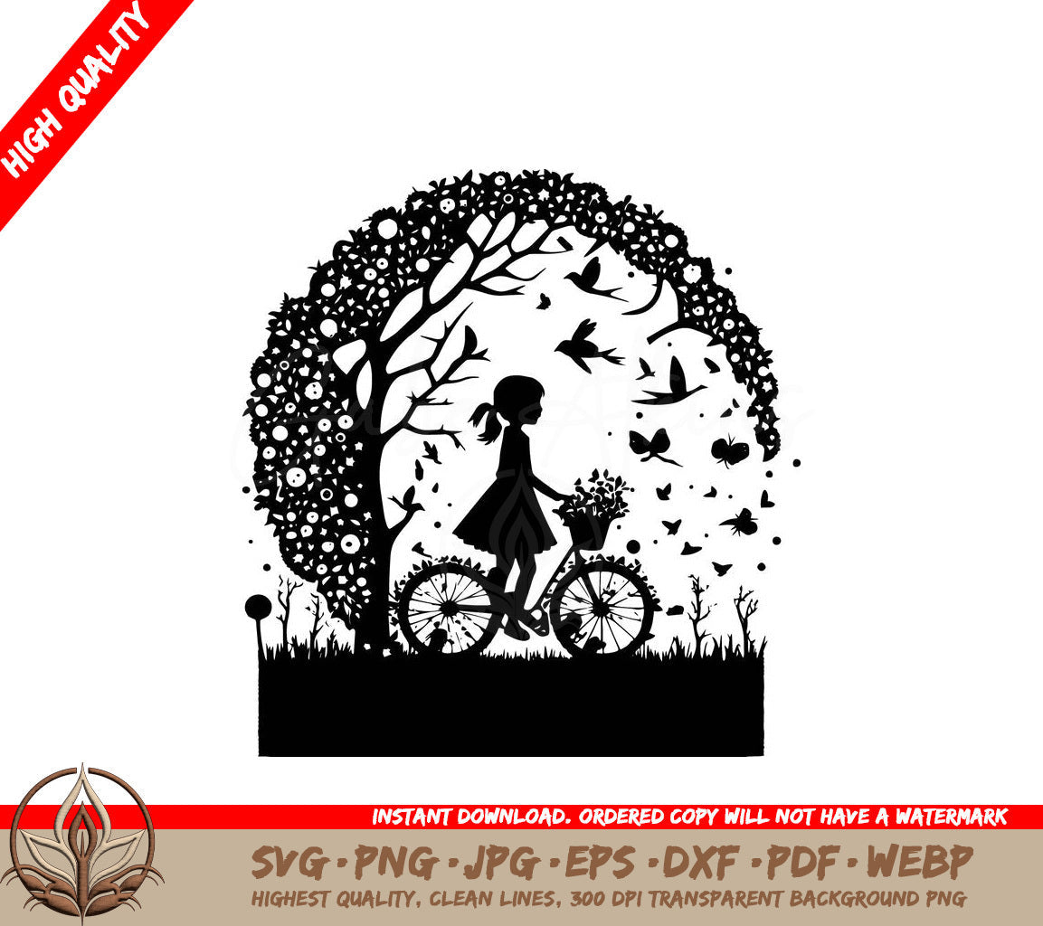 Springtime Girl Riding Bike: Digital Design File (SVG, PNG, JPG, AI, PDF, DXF, EPS, WebP) 
