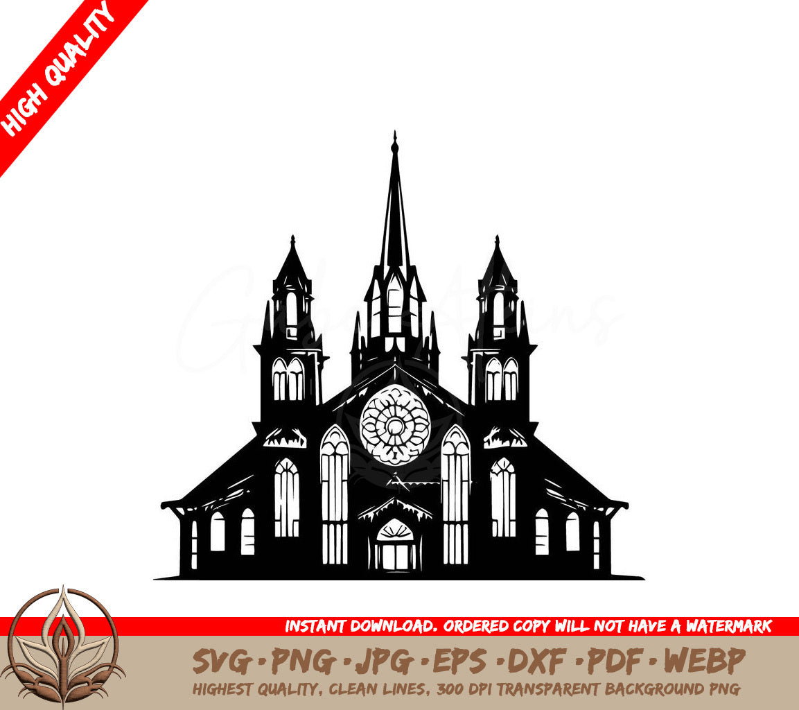 Stained Glass Church Digital Design File (SVG, PNG, JPG, AI, PDF, DXF, EPS, WebP) 
