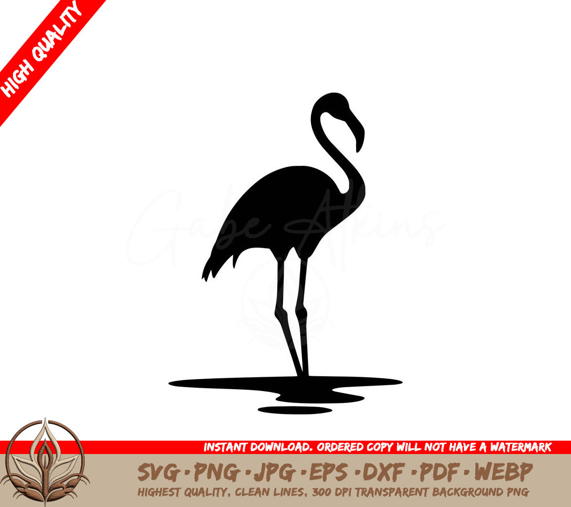 Standing Flamingo in Water: Multi-Format Digital Design File (SVG, PNG, JPG, AI, PDF, DXF, EPS, WebP) 
