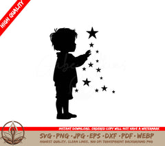 A Silhouette Of A Child Reaching For Stars On A White Background SVG - Starlit Child Star SVG