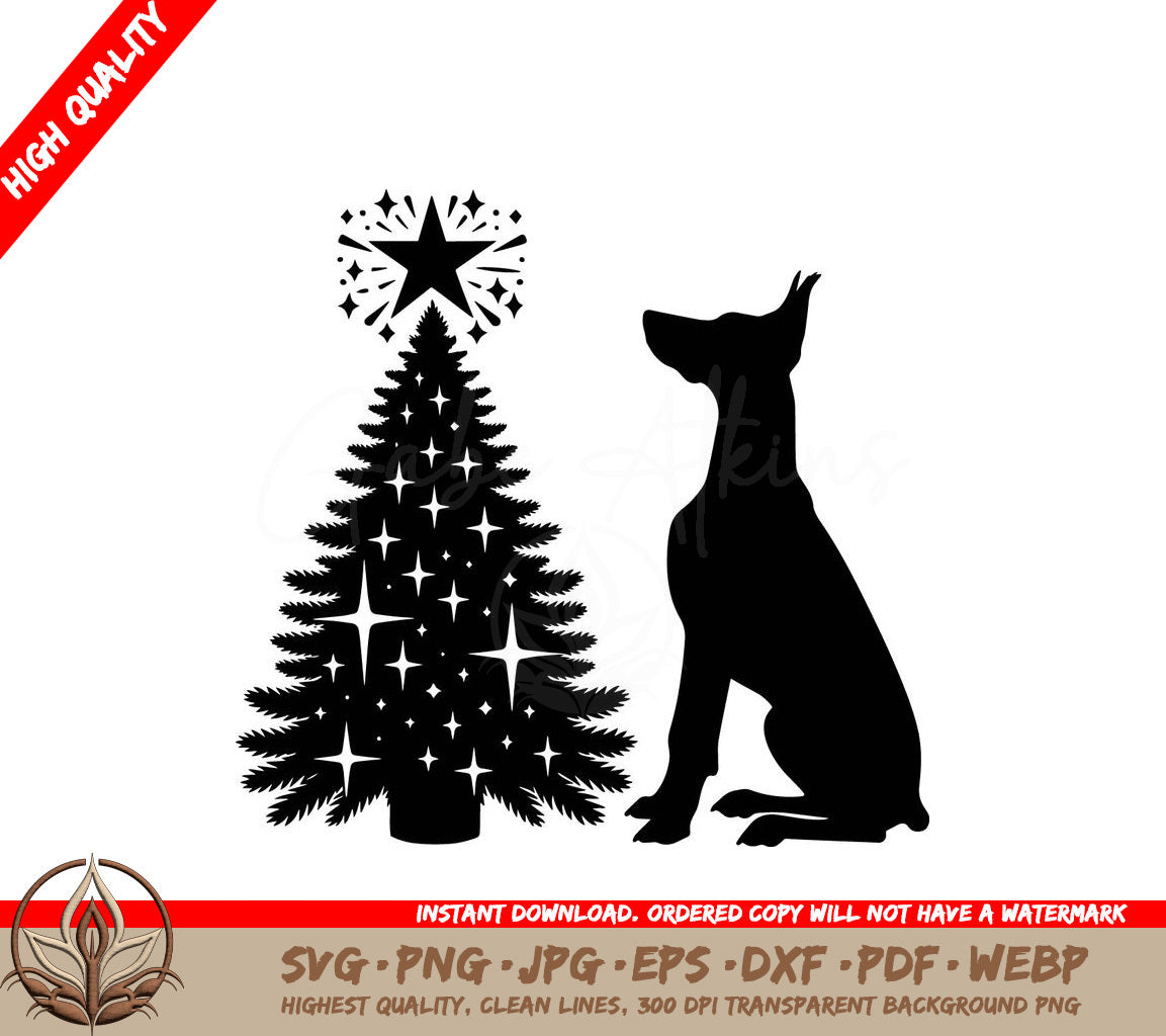 A Dog Sits In Front Of A Christmas Tree With A Star On Top SVG - Starlit Christmas Pooch SVG