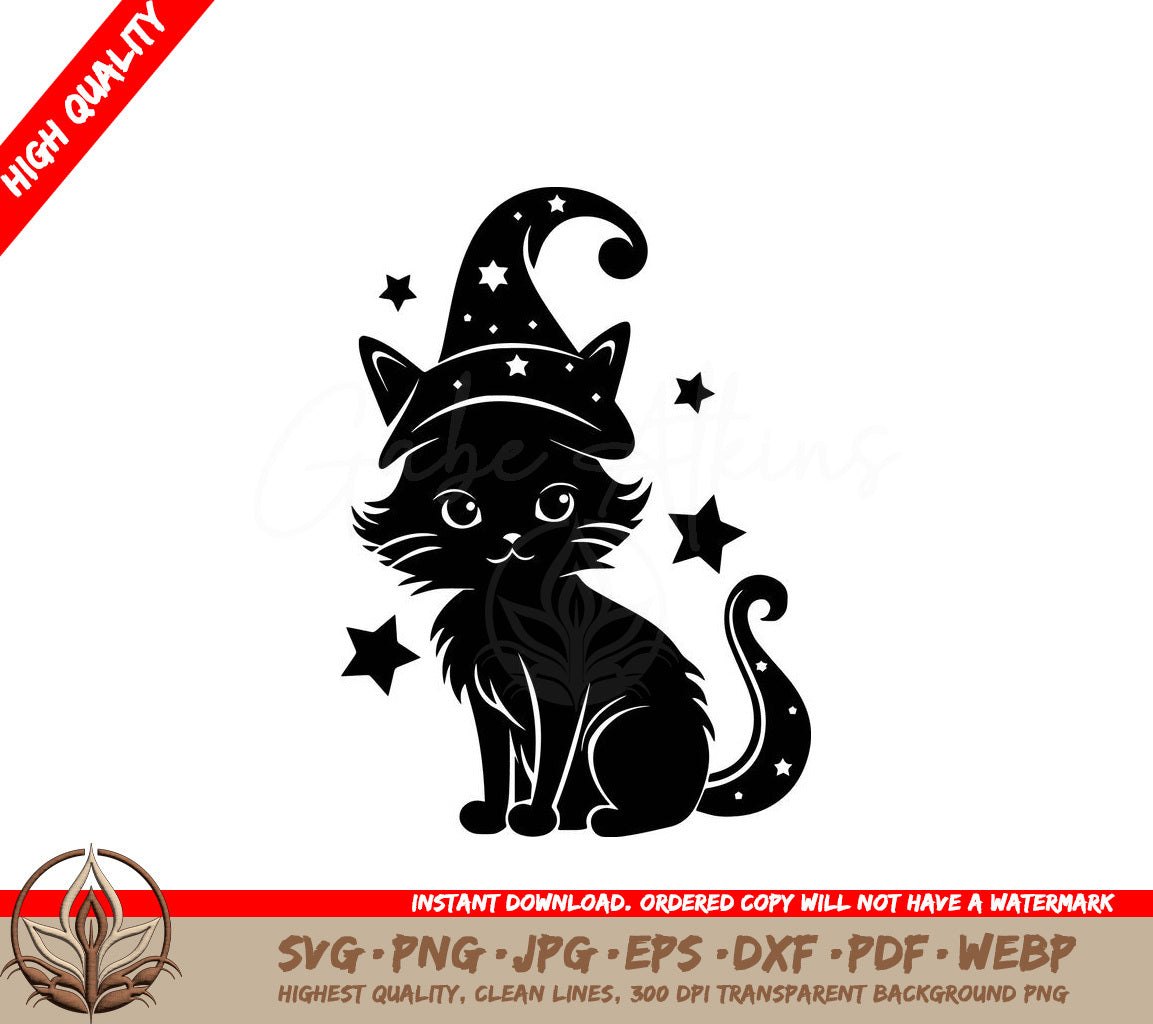 A Black Cat Wearing A Witch Hat With Stars On It