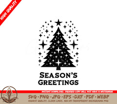 A Black And White Christmas Tree With The Words Seasons Greetings Below It SVG - Starry Christmas Tree SVG