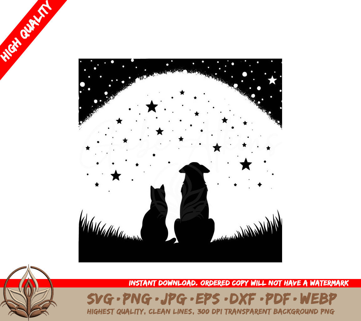 A Dog And A Cat Are Looking Up At The Stars SVG - Starry Companions SVG