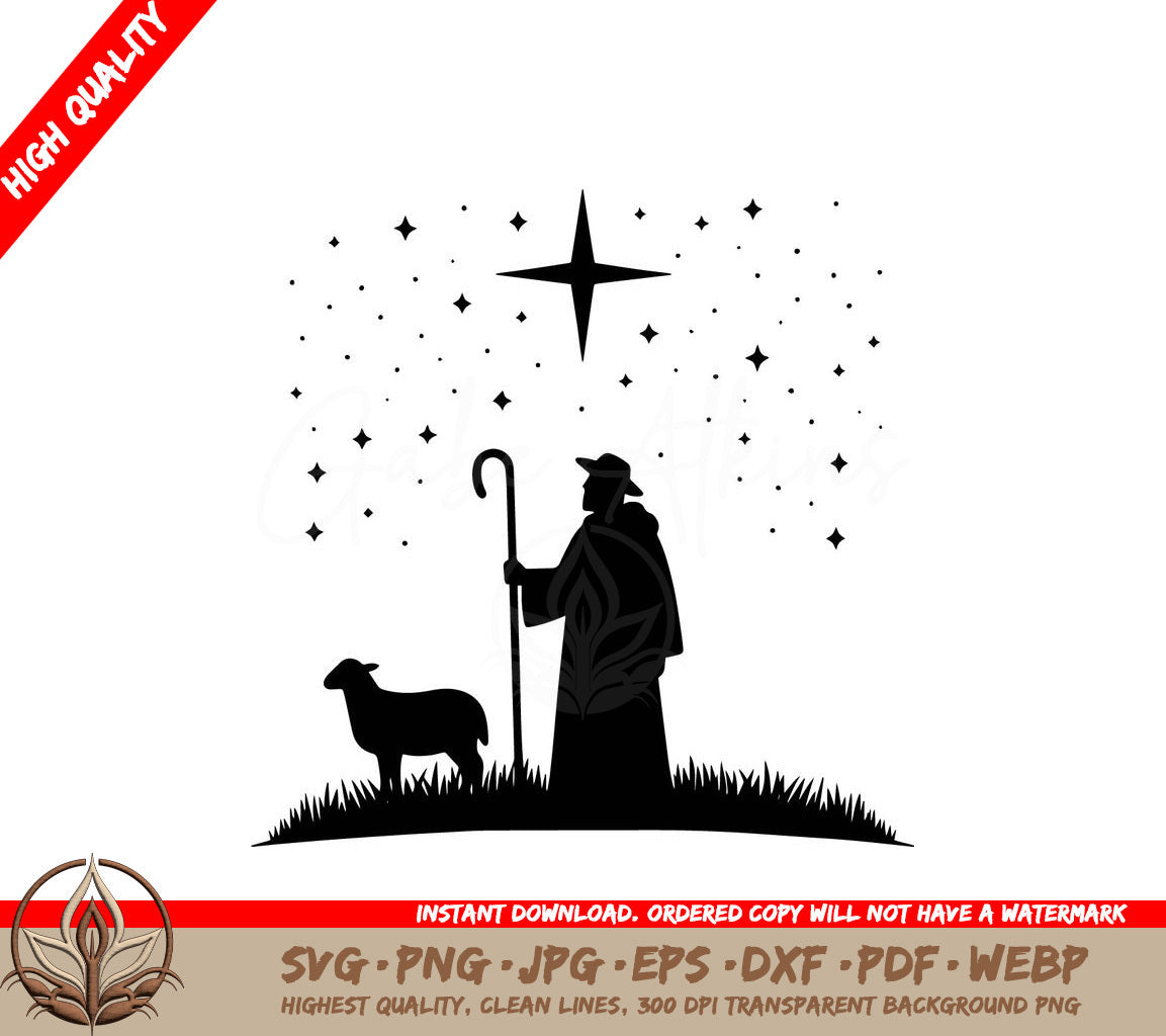 A Shepherd Standing Next To A Sheep With A Star In The Background SVG - Starry Shepherd Night SVG